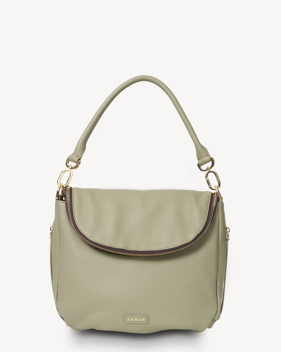 Green handbag with a visible brand logo on a white background